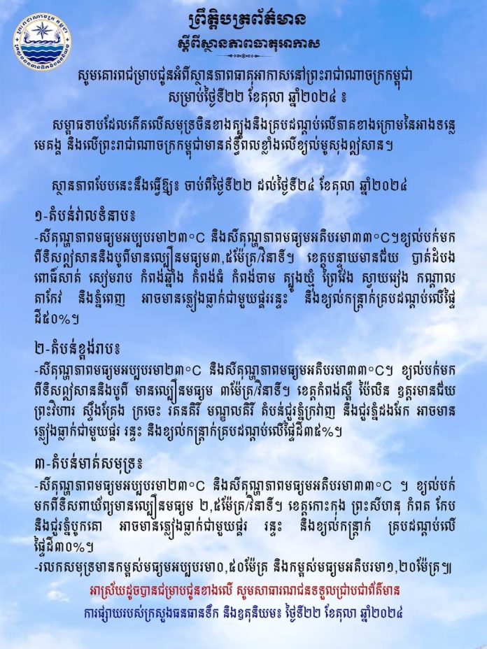 សូមគោរពជម្រាបជូនអំពីស្ថានភាពធាតុអាកាសនៅព្រះរាជាណាចក្រកម្ពុជាសម្រាប់ថ្ងៃទី២២ ខែតុលា ឆ្នាំ២០២៤